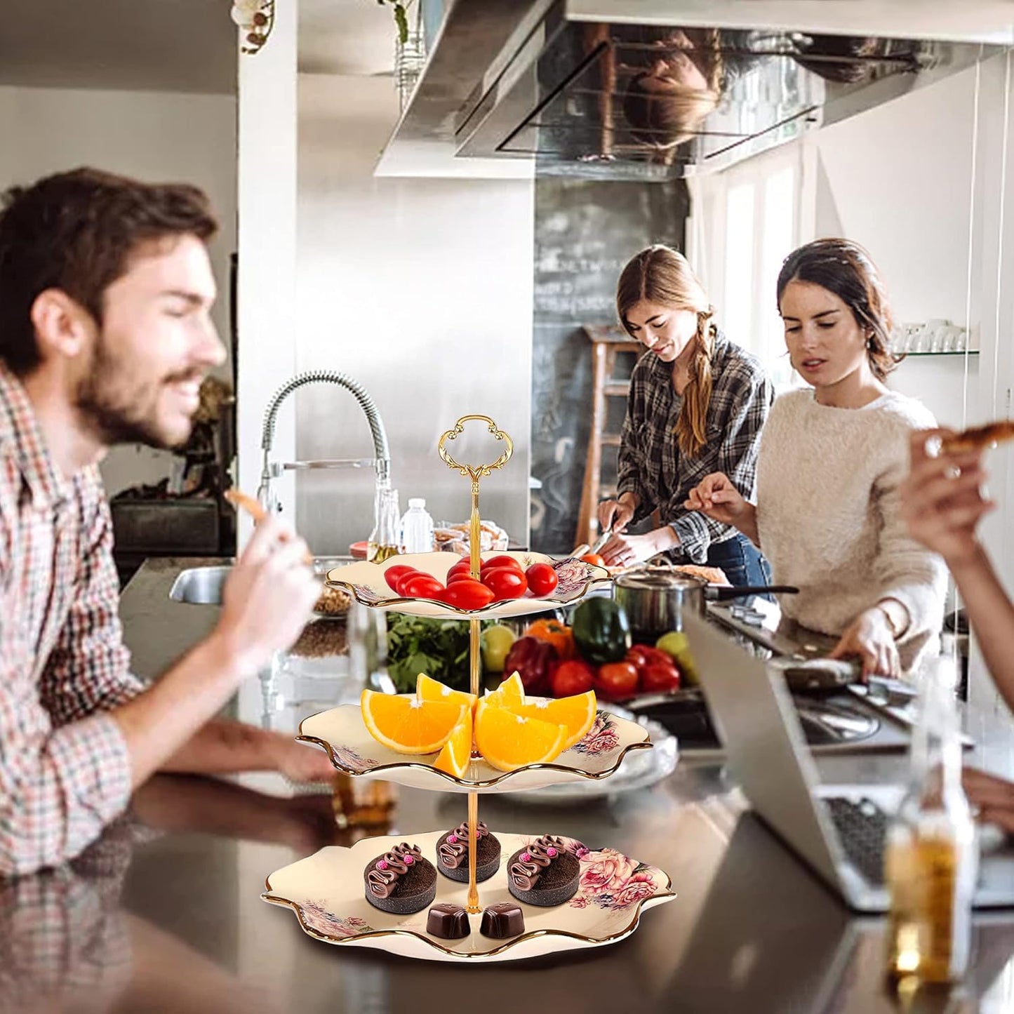 Fanquare 3-Stufig Königlich Etagère Mit Blumenmuster, Lotus Blume Förmige Obstkörbe Mit Metallstreben Zum Geburtstag, Hochzeit, Tee-Party, Baby Dusche
