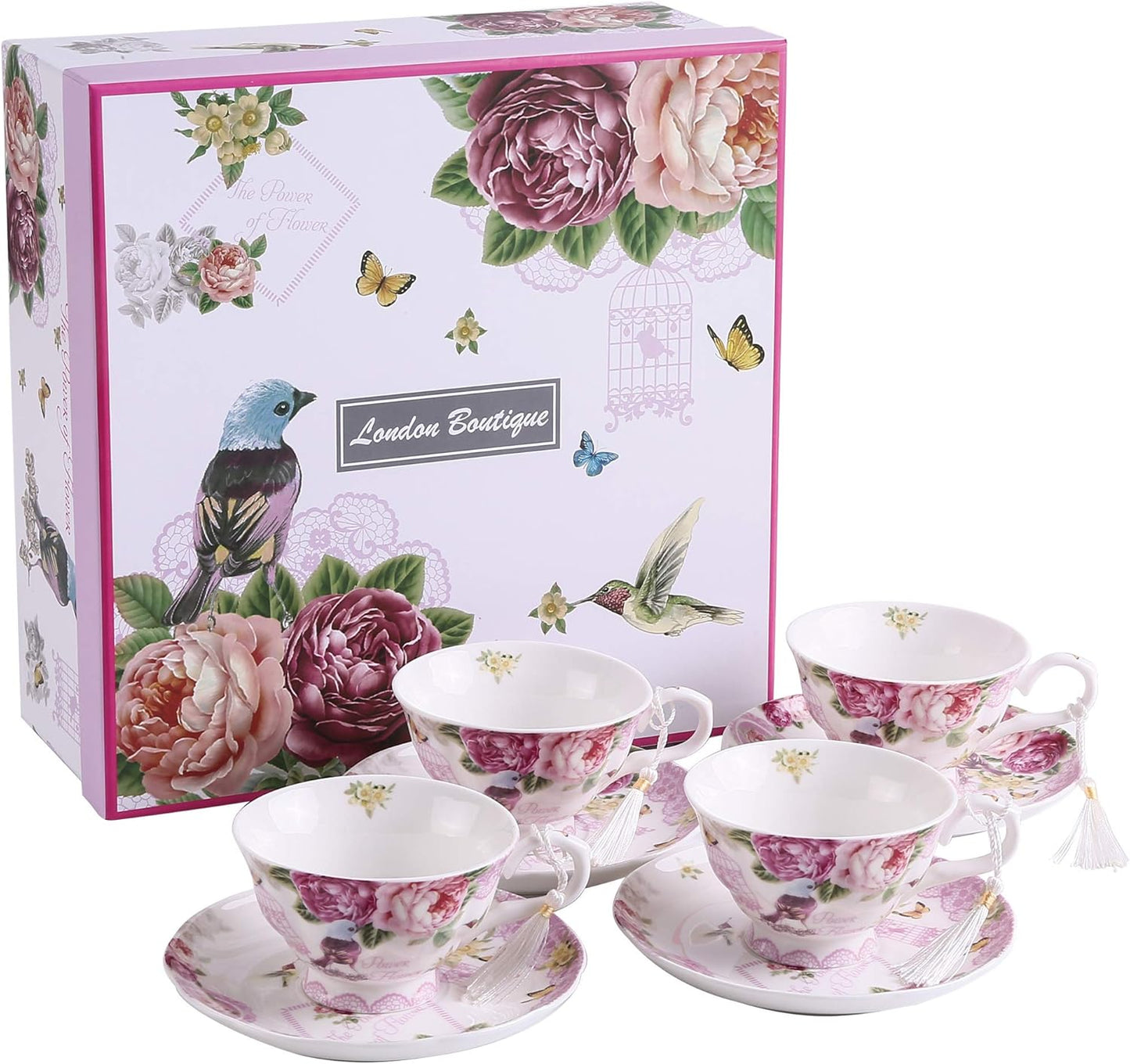 Kaffeetasse Und Untertasse, Shabby Chic, Vintage, Porzellan, Vogel Schmetterling, Flora, Geschenk-Box (Rose Pink)