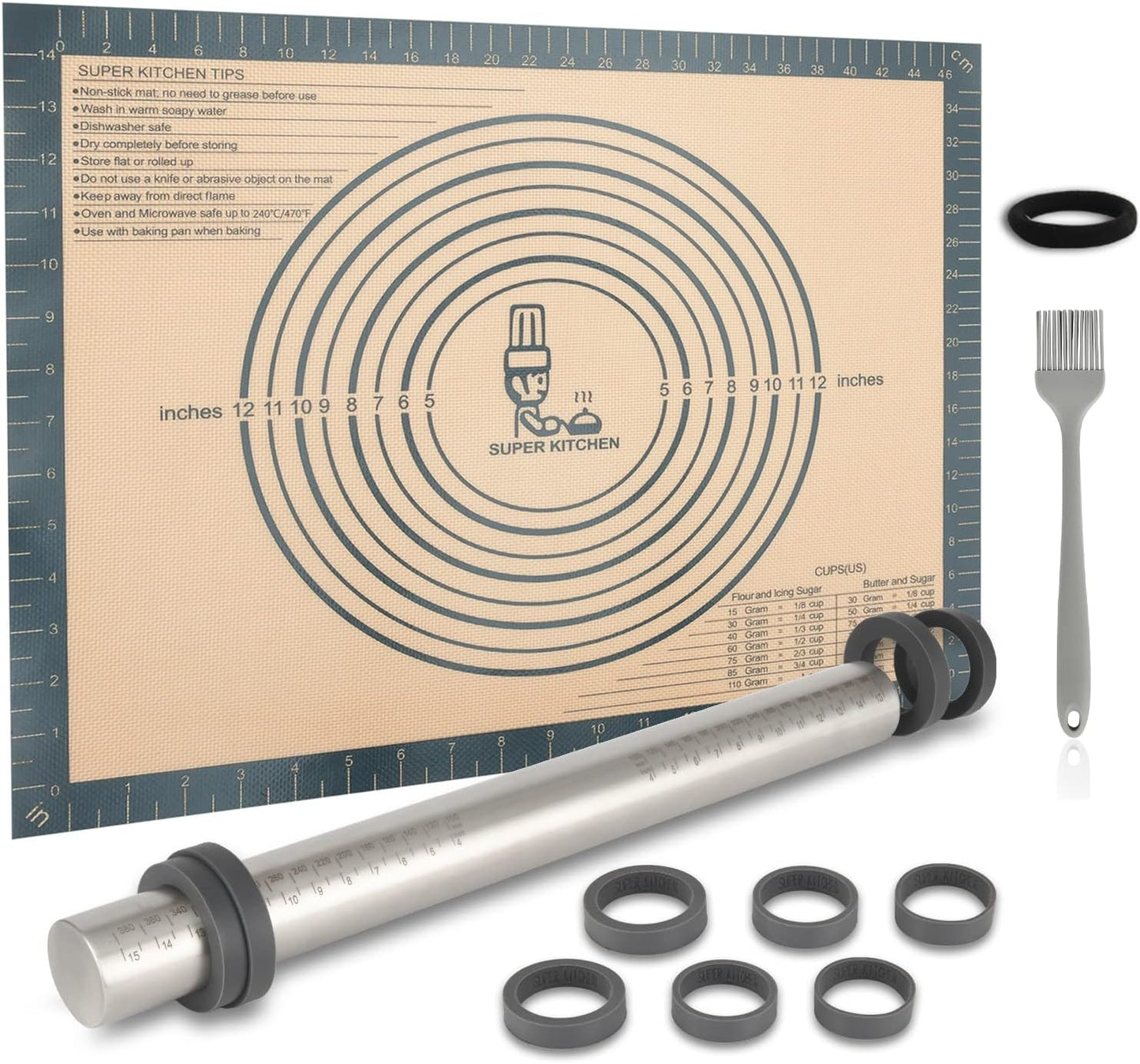 Edelstahl-Teigrolle mit Silikon-Backmatte