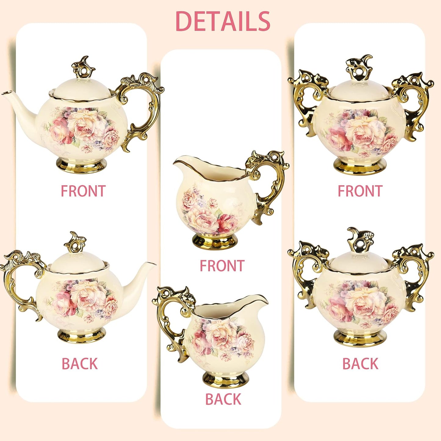 Fanquare 15 Stück Rose Blumen Englische Keramik Tee Sets, Vintage China Kaffee Set, Tee Service Für Erwachsene