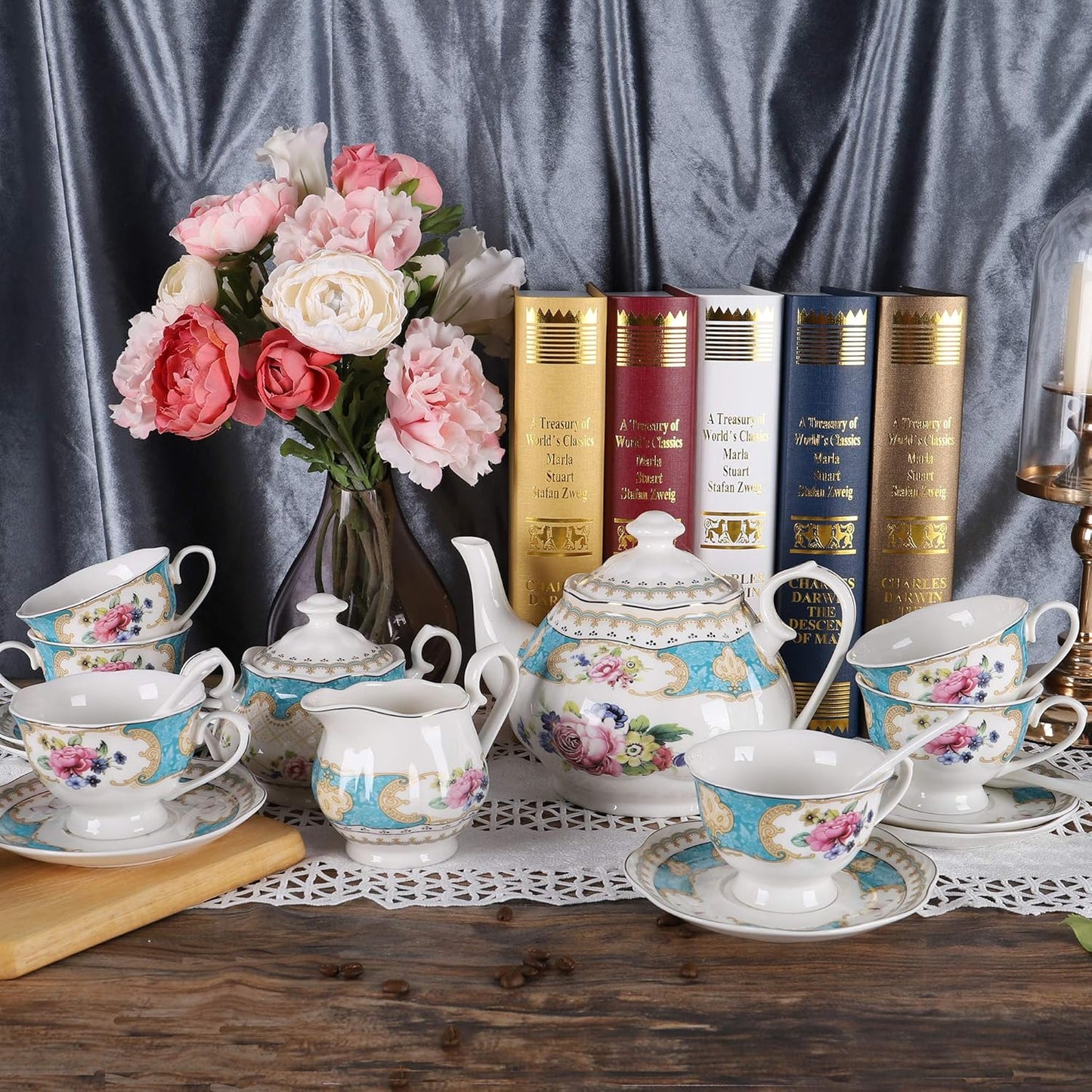 Fanquare 15 Stück Englisch Türkis Porzellan Tee Sets,Vintage Rose Blumen Keramik Kaffee Set,Hochzeit Tee Service Für Erwachsene