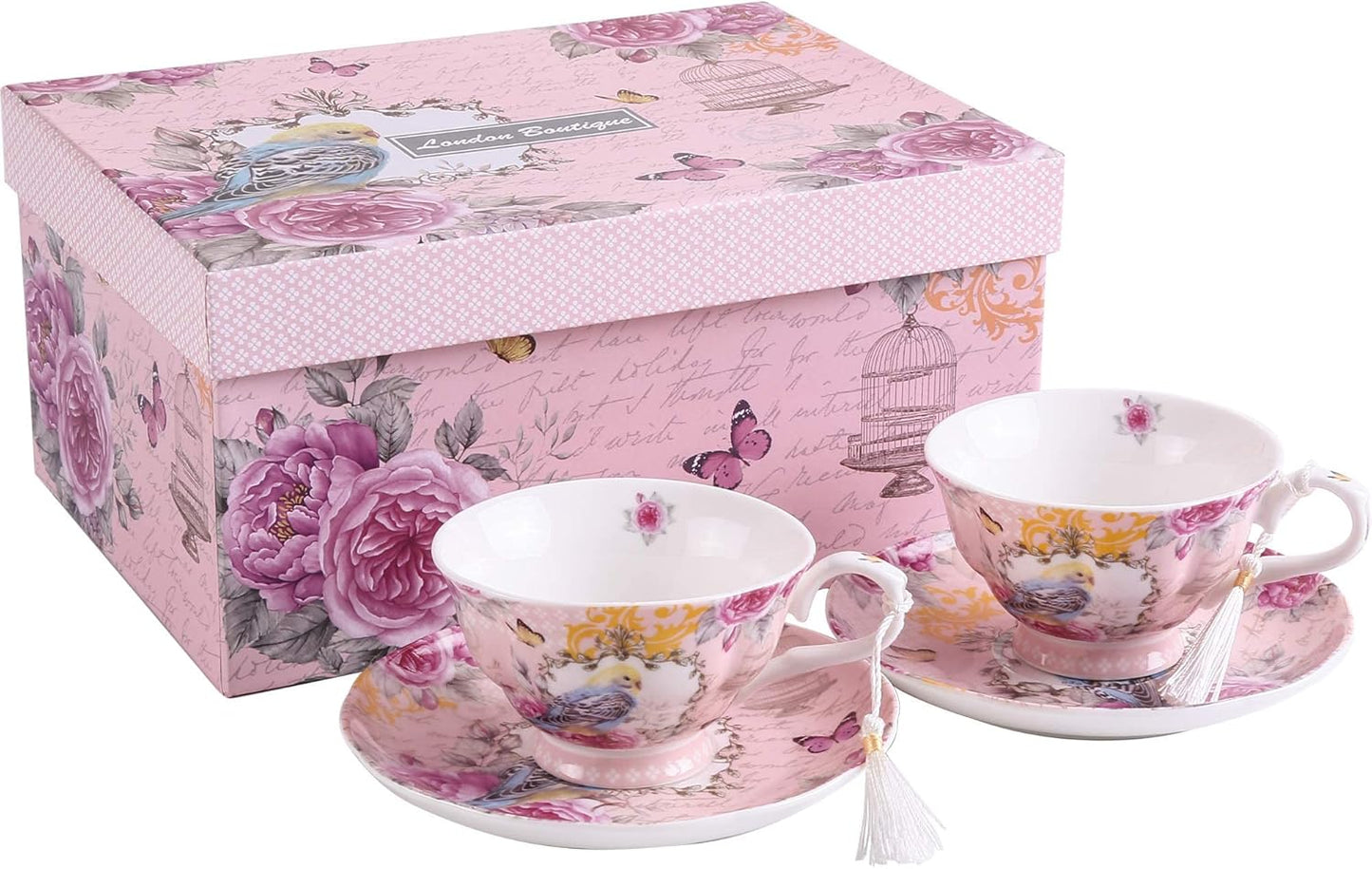 London Boutique Set Aus Kaffee-/Teetassen Und Untertassen, Shabby Chic, Vintage-Design, Porzellan Mit Blumenmuster, 2 Sets in Geschenk-Box, Keramik (Pink Bird Rose)