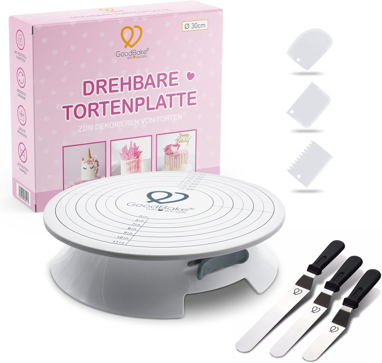 Drehbare Tortenplatte inkl. 3 Winkelpaletten und 3 Teigkarten, mit Feststellfunktion und Kugellager
