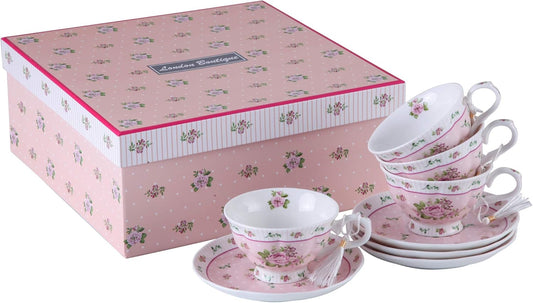 Kaffeetasse Und Untertasse, Shabby Chic, Vintage, Porzellan, Vogel Schmetterling, Flora, Geschenk-Box (Rose Pink)