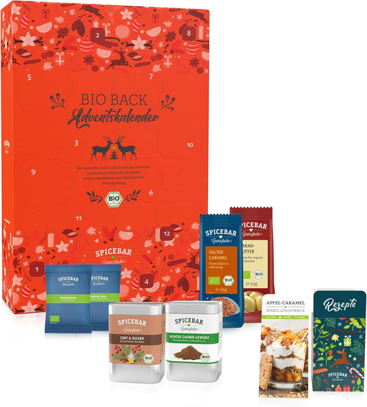 Spicebar BIO Back-Adventskalender | 24 Bio-Backzutaten + Rezepte | Ideale Geschenkidee für Frauen und Männer
