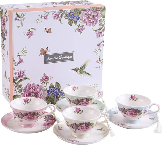 London Boutique Teeservice aus Porzellan, Kaffeetassen/Teetassen mit Untertassen, Vogel-, Blumen- und Schmetterlingsmotive, 4-Teiliges Set Geschenk-Box (4 Pastellfarben)