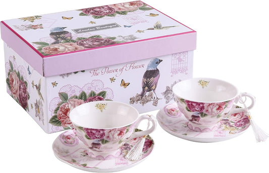 London Boutique Set Aus Kaffee-/Teetassen Und Untertassen, Shabby Chic, Vintage-Design, Porzellan Mit Blumenmuster, 2 Sets in Geschenk-Box, Keramik (Pink Bird Rose)