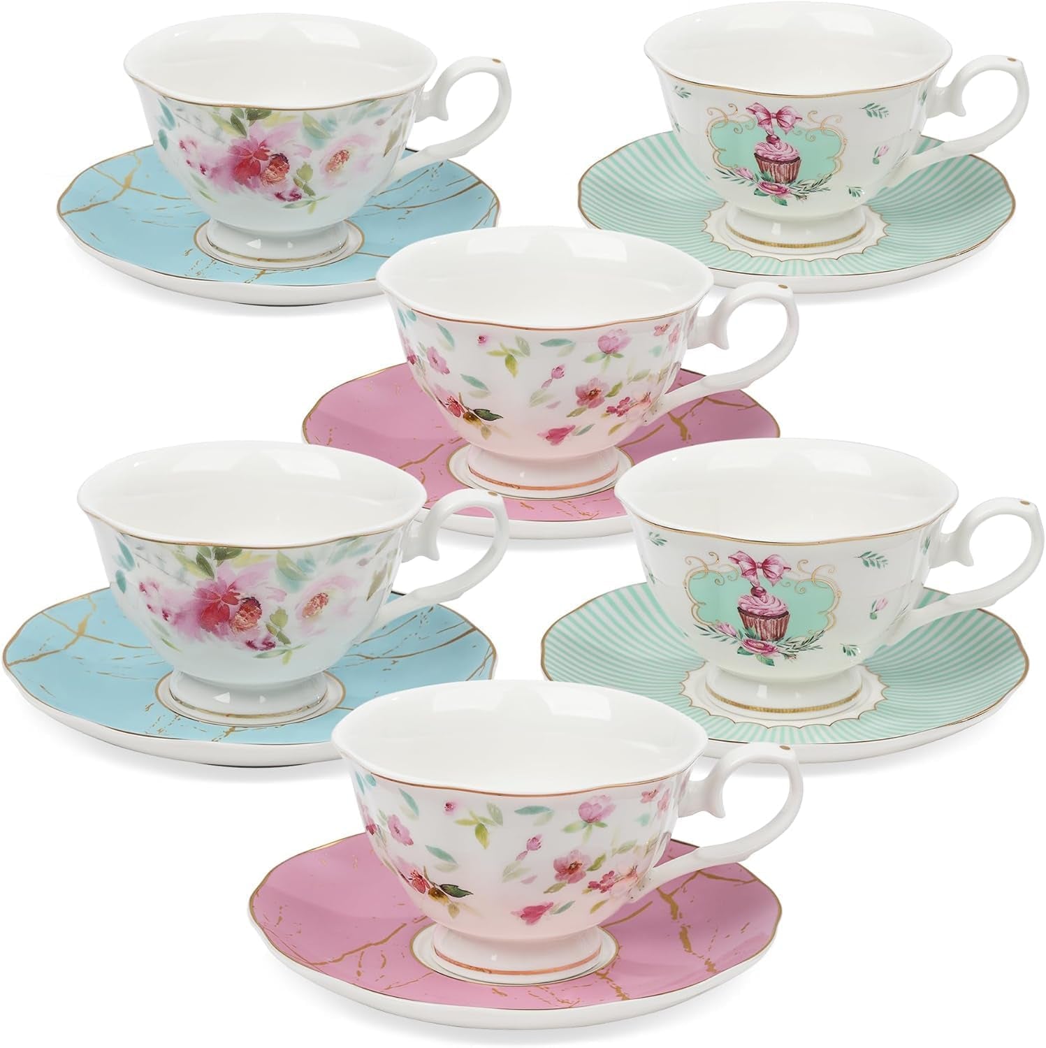 Fanquare Bunte Florale Porzellan Kaffeetasse Mit Untertasse, Englisch Teetassen Set Für 6 Personen, Vintage Rose Tea Party-Set Für Frauen