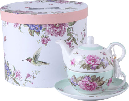 London Boutique Tea for One Teekanne Und Tasse Set Für 1 Vogel Rose Schmetterling Vintage, Keramik, Beige/Cremefarben, 15X15Cm