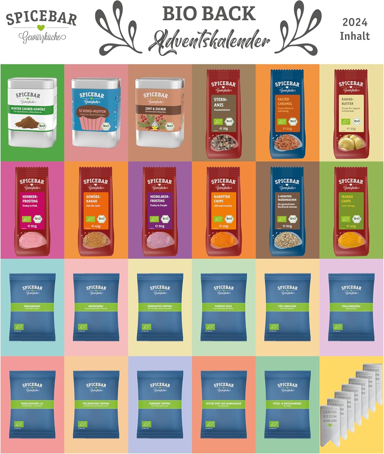 Spicebar BIO Back-Adventskalender | 24 Bio-Backzutaten + Rezepte | Ideale Geschenkidee für Frauen und Männer