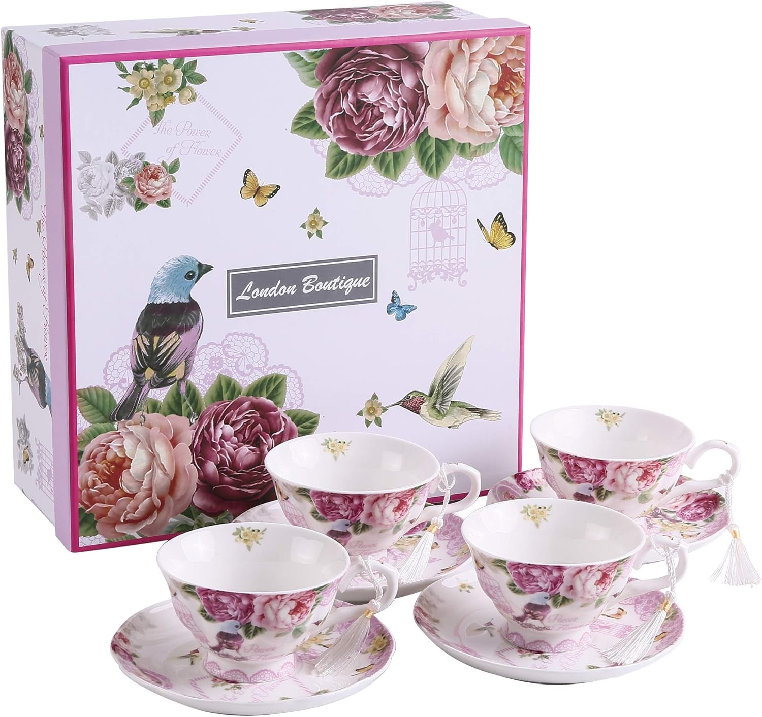 Kaffeetasse Und Untertasse, Shabby Chic, Vintage, Porzellan, Vogel Schmetterling, Flora, Geschenk-Box (Rose Pink)