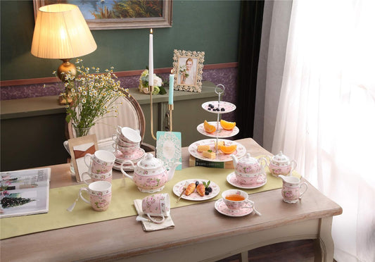 Kaffeetasse Und Untertasse, Shabby Chic, Vintage, Porzellan, Vogel Schmetterling, Flora, Geschenk-Box (Rose Pink)