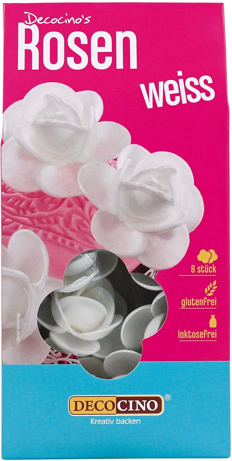 DECOCINO Rosen Aus Esspapier Weiß (2 X 8 Stk.)– Als Essbare Blumen Für Hochzeits-Deko & Geburtstags-Deko Auf Torten, Kuchen, Cup-Cakes, Muffins!