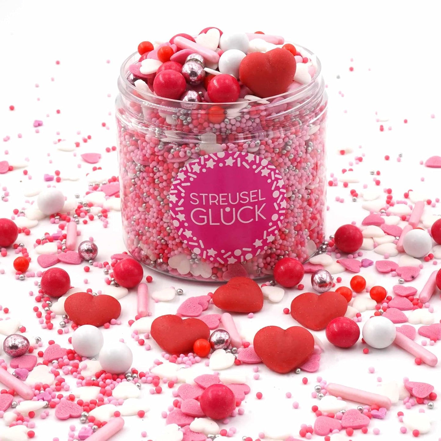 Streusel in Rot, Rosa und Weiss mit Herzchen