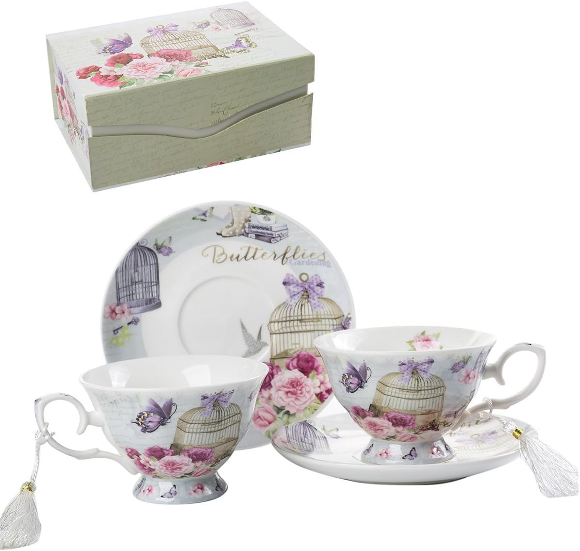 London Boutique Set Aus Kaffee-/Teetassen Und Untertassen, Shabby Chic, Vintage-Design, Porzellan Mit Blumenmuster, 2 Sets in Geschenk-Box, Keramik (Pink Bird Rose)