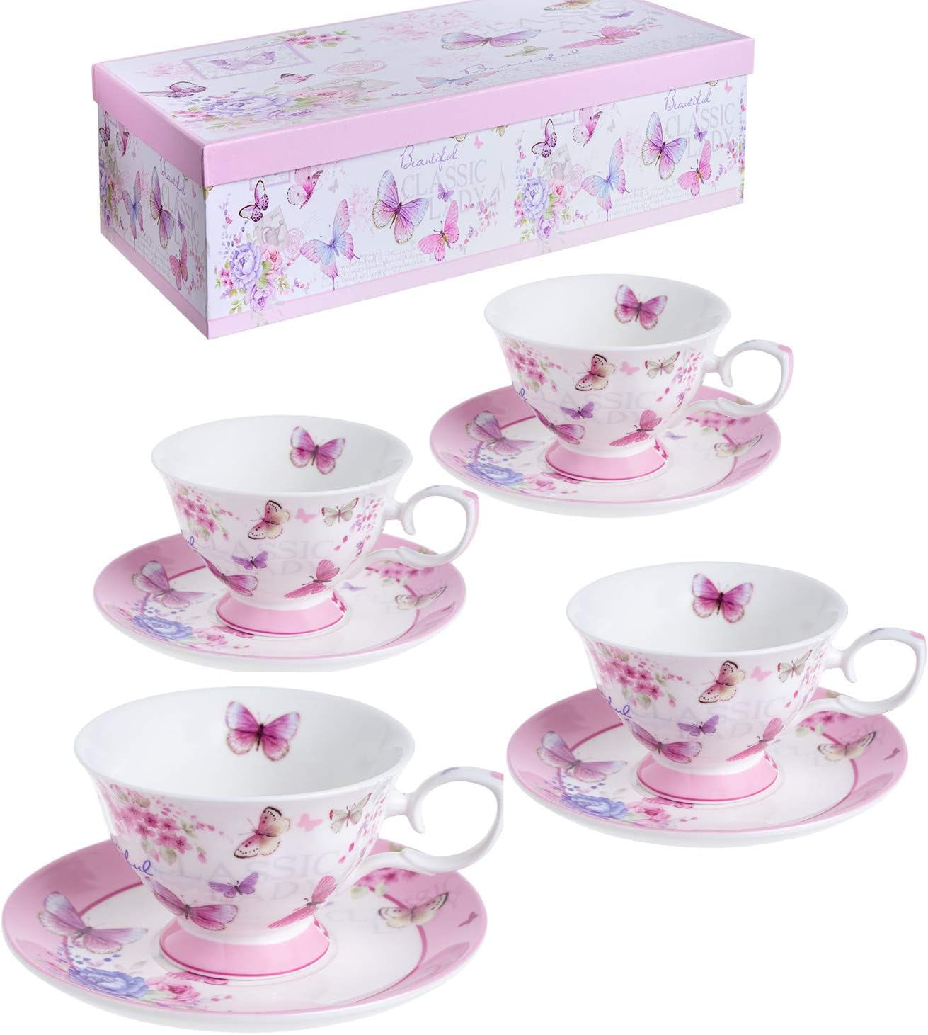 Kaffeetasse Und Untertasse, Shabby Chic, Vintage, Porzellan, Vogel Schmetterling, Flora, Geschenk-Box (Rose Pink)