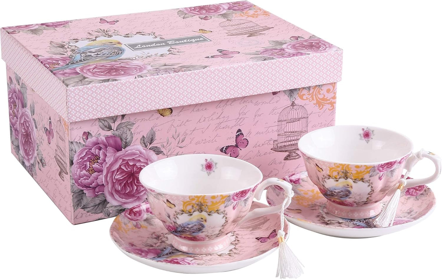 London Boutique Set Aus Kaffee-/Teetassen Und Untertassen, Shabby Chic, Vintage-Design, Porzellan Mit Blumenmuster, 2 Sets in Geschenk-Box, Keramik (Pink Bird Rose)