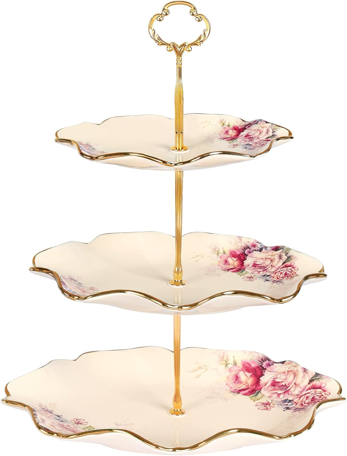 Fanquare 3-Stufig Königlich Etagère Mit Blumenmuster, Lotus Blume Förmige Obstkörbe Mit Metallstreben Zum Geburtstag, Hochzeit, Tee-Party, Baby Dusche