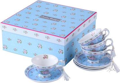 Kaffeetasse Und Untertasse, Shabby Chic, Vintage, Porzellan, Vogel Schmetterling, Flora, Geschenk-Box (Rose Pink)