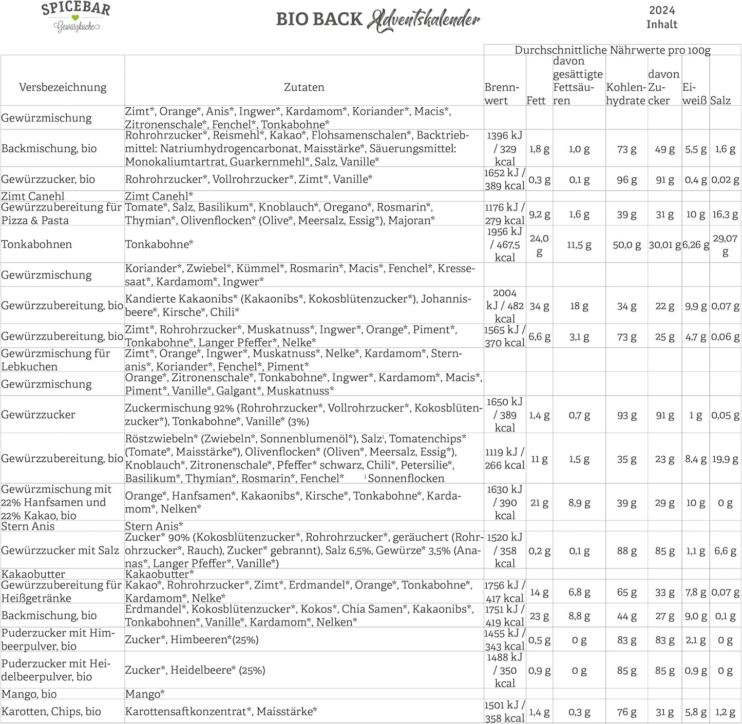 Spicebar BIO Back-Adventskalender | 24 Bio-Backzutaten + Rezepte | Ideale Geschenkidee für Frauen und Männer