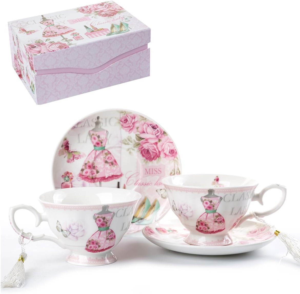 London Boutique Set Aus Kaffee-/Teetassen Und Untertassen, Shabby Chic, Vintage-Design, Porzellan Mit Blumenmuster, 2 Sets in Geschenk-Box, Keramik (Pink Bird Rose)